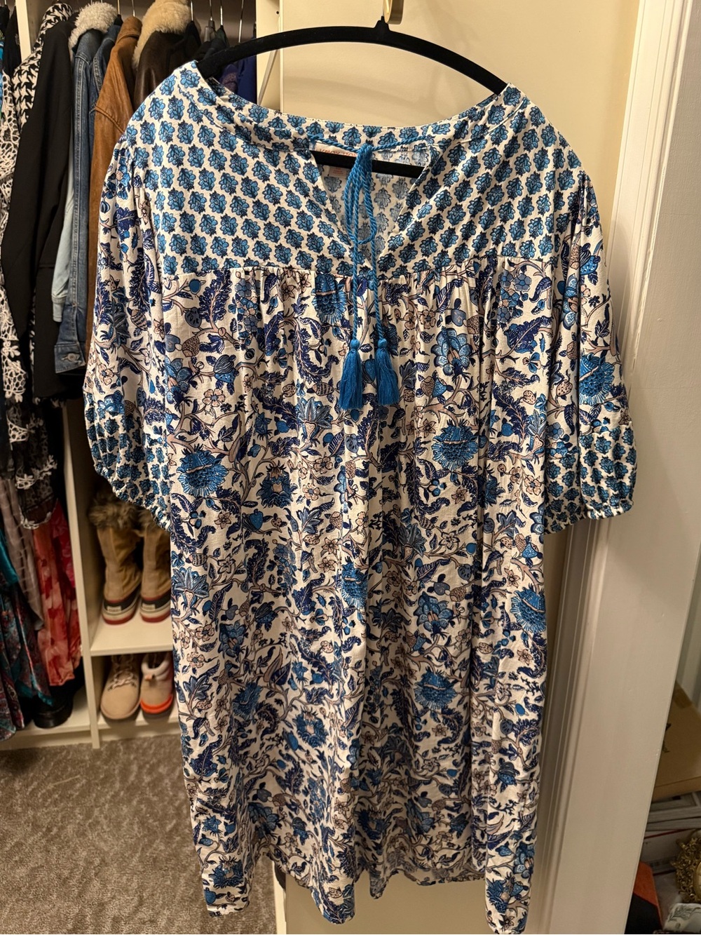 Knox Rose Blue and White Floral Tassel-Front Mini Dress